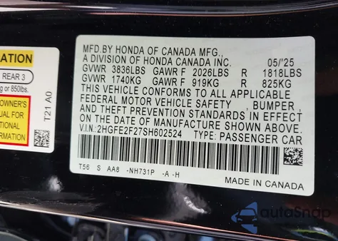 2025 Honda Civic Lx from USA, damaged, VIN 2HGFE2F27SH602524